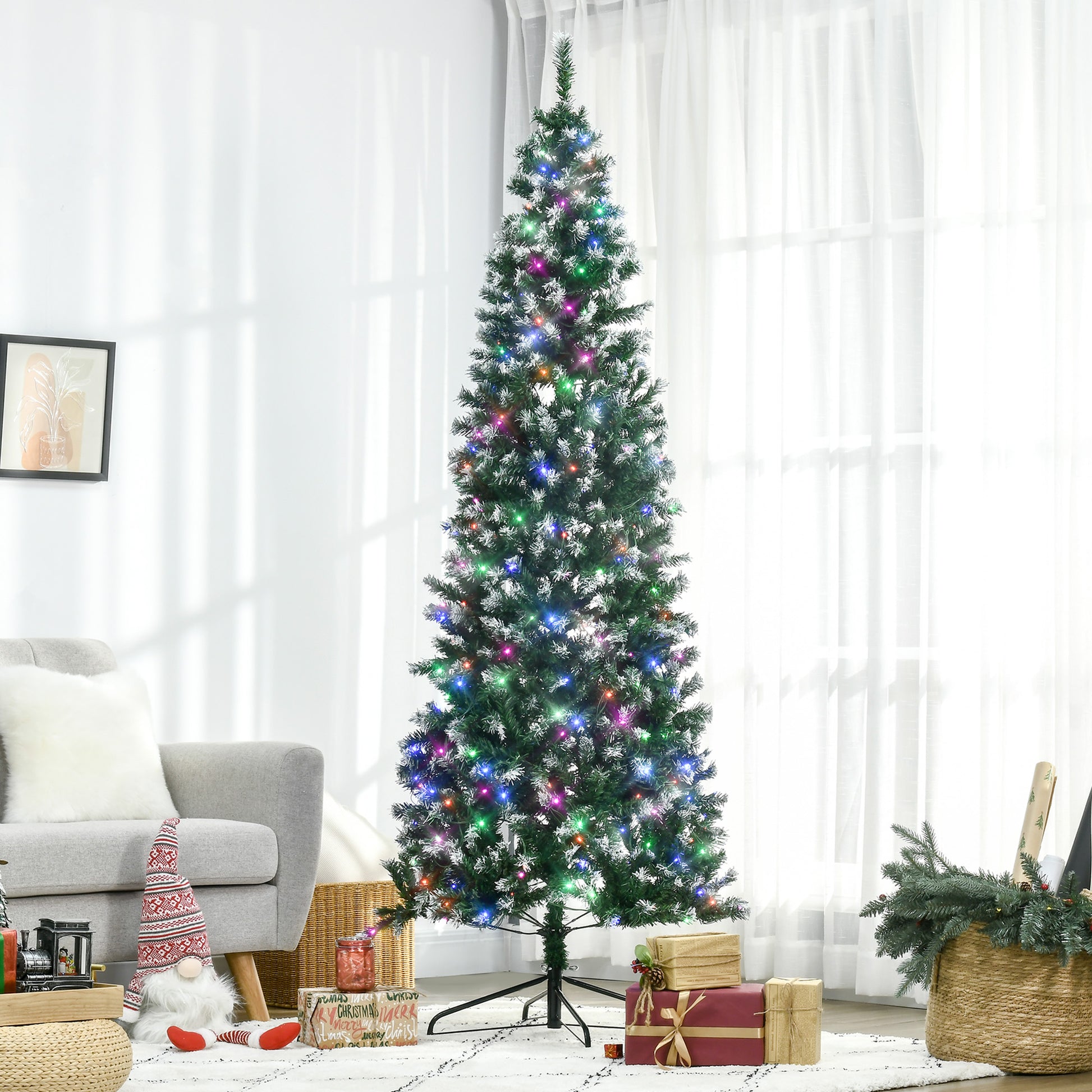 HOMCOM 7' Tall Prelit Pencil Slim Artificial Christmas Tree with Realistic Branches, 350 Colourful LED Lights and 818 Tips, Xmas Decoration, Green
