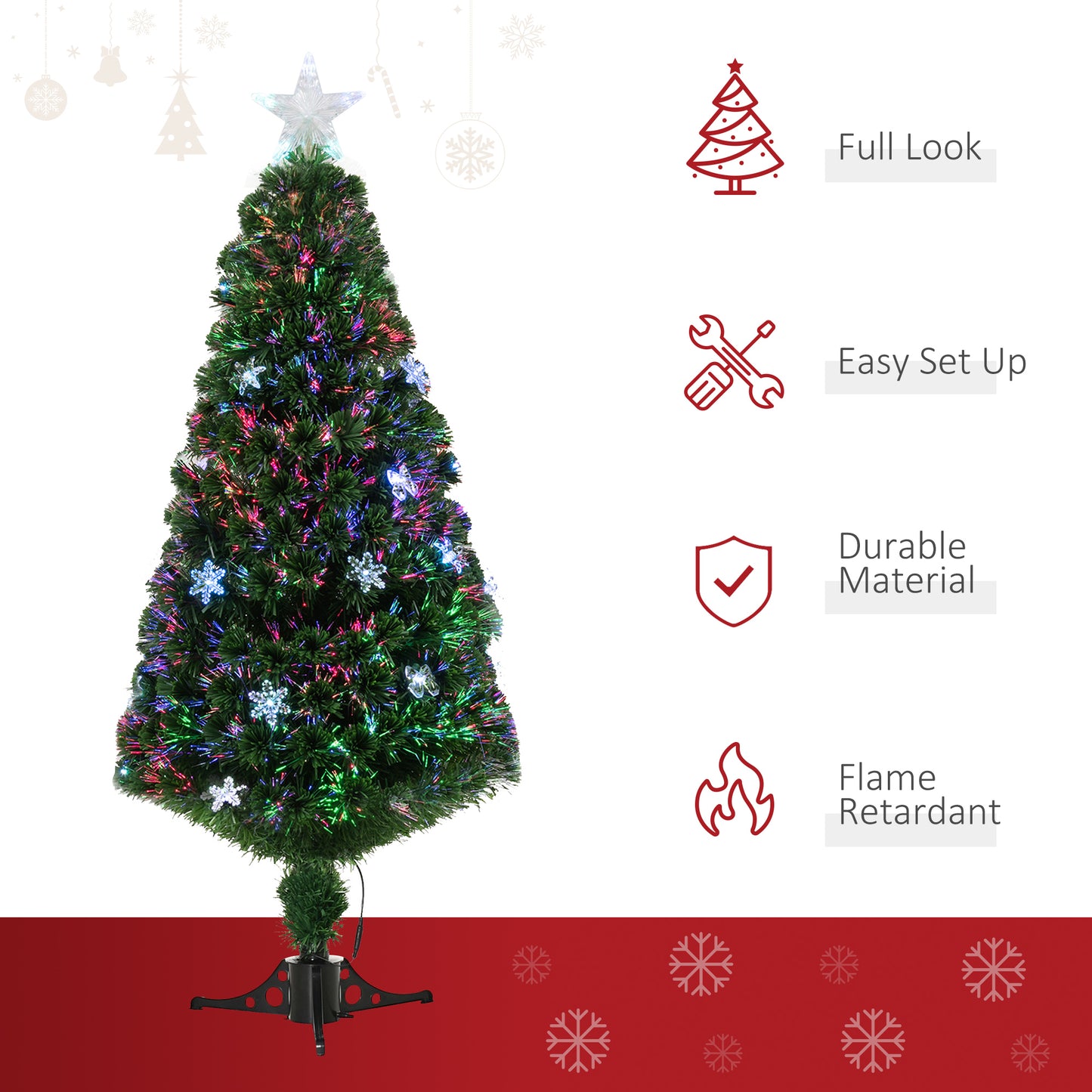 HOMCOM HOMCM 5FT Prelit Artificial Christmas Tree Fiber Optic LED Light Holiday Home Xmas Decoration Tree with Foldable Feet, Green