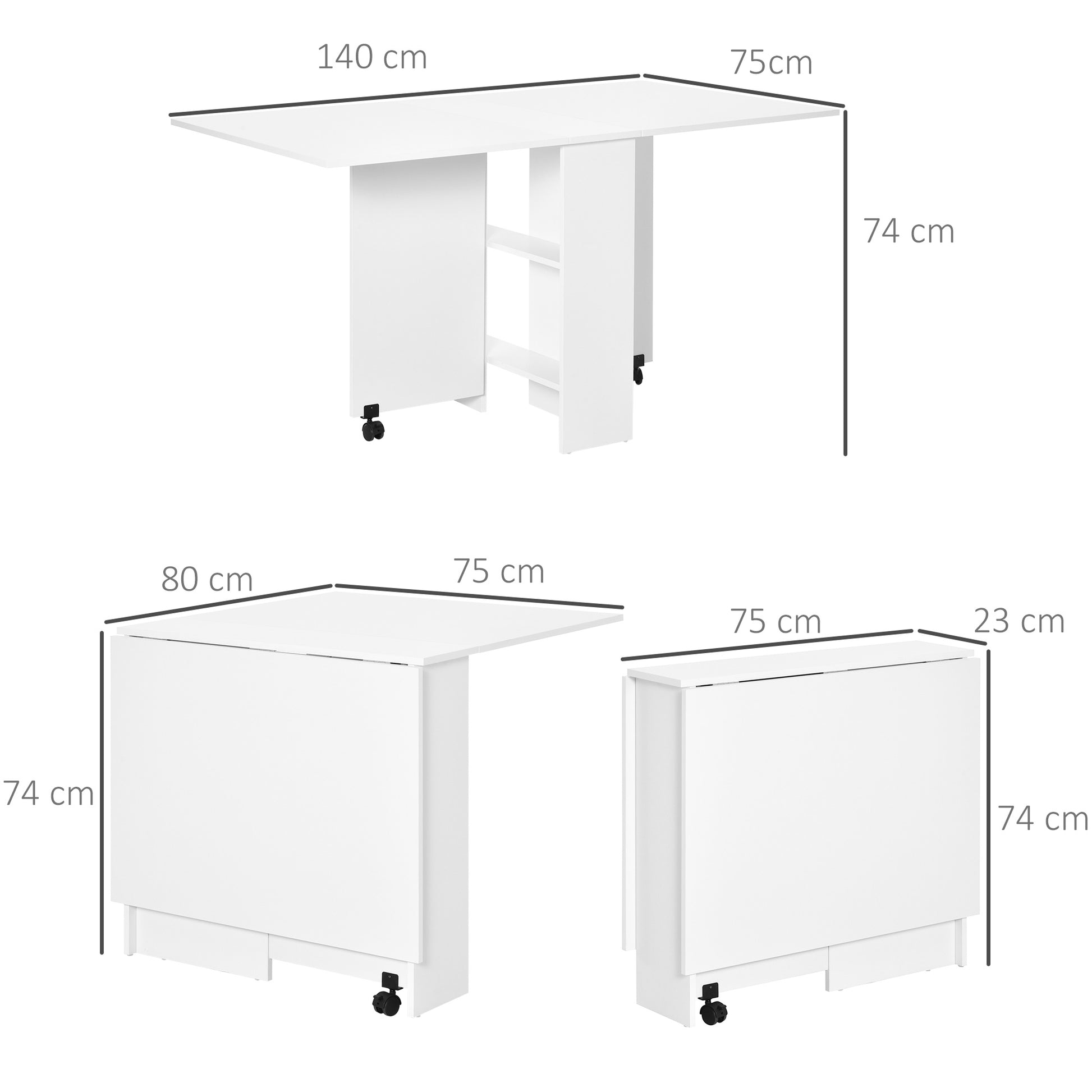 HOMCOM Mobile Drop Leaf Dining Kitchen Table Folding Desk For Small Spaces With 2 Wheels & 2 Storage Shelves White