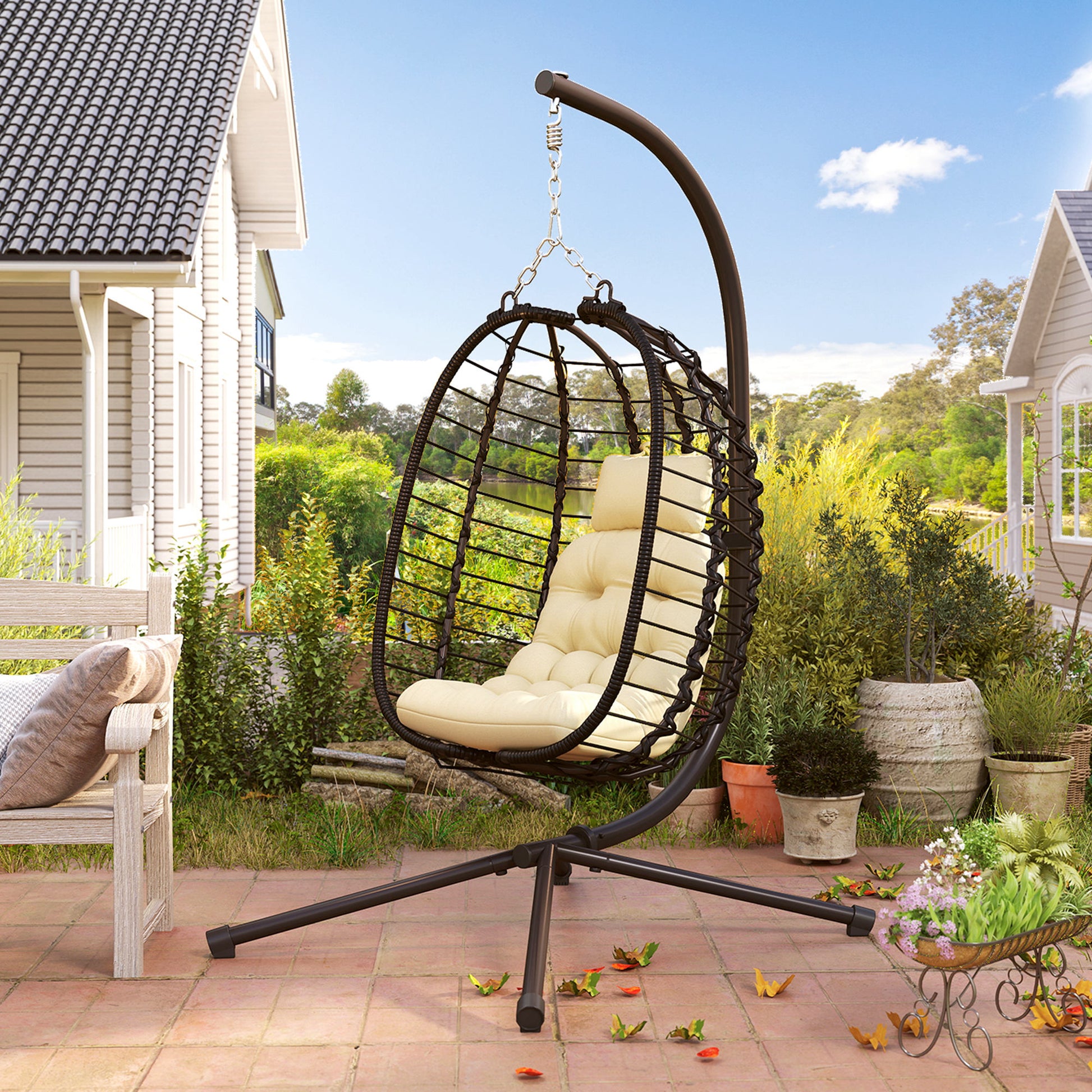 Outsunny Rattan Hanging Egg Chair, Foldable Wicker Hammock Swing Chair with Cushion, Stand, Adjustable Height, Head Pillow, Steel Frame for Garden Patio Indoor Outdoor, Cream White