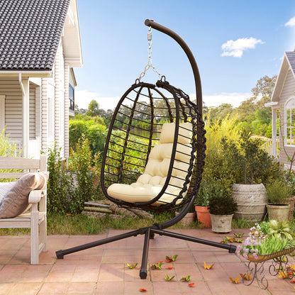 Outsunny Rattan Hanging Egg Chair, Foldable Wicker Hammock Swing Chair with Cushion, Stand, Adjustable Height, Head Pillow, Steel Frame for Garden Patio Indoor Outdoor, Cream White