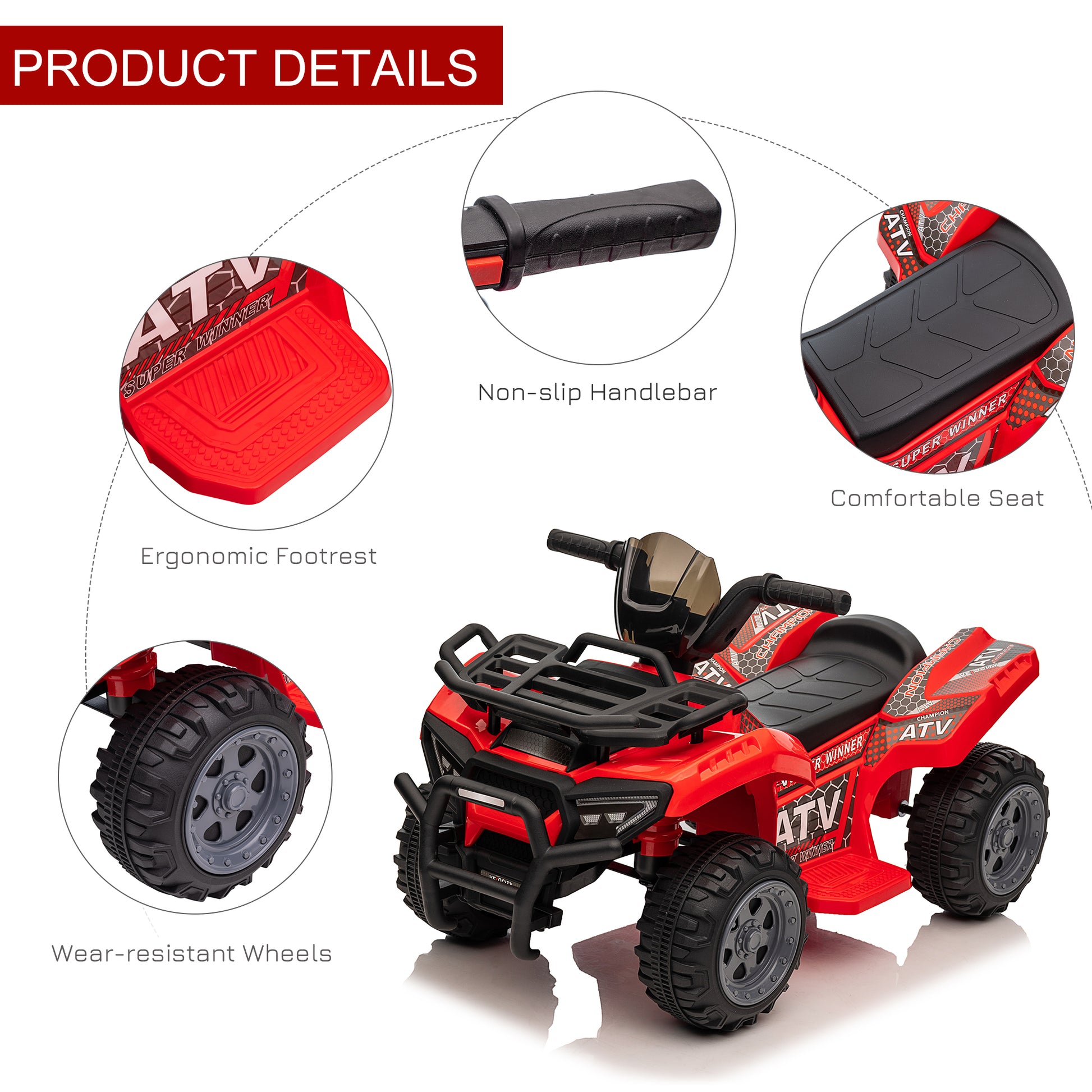 HOMCOM Kids Ride-on Four Wheeler ATV Car with Real Working Headlights, 6V Battery Powered Motorcycle for 18-36 Months, Red