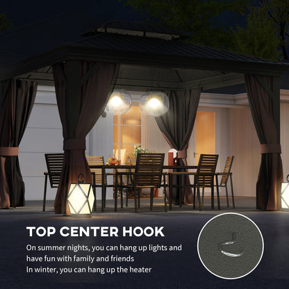 Outsunny 3 x 3.7m Outdoor Hardtop Gazebo Canopy Aluminium Frame with 2-Tier Roof & Mesh Netting Sidewalls for Patio, Dark Brown