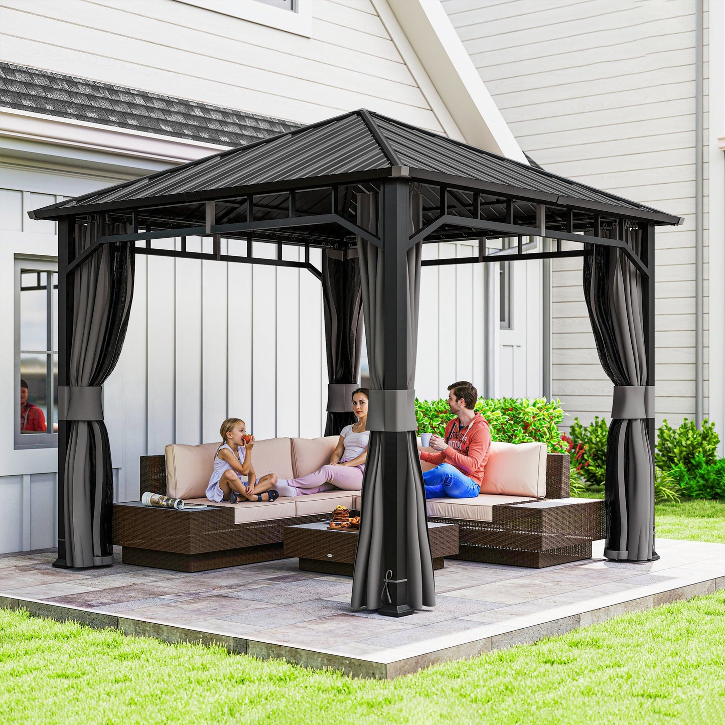 Outsunny 3 x 3(m) Hardtop Gazebo with Galvanised Steel Roof and Water Gutter, Waterproof Permanent Pavilion Garden Gazebo with Netting and Curtains for Patio, Deck