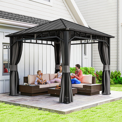 Outsunny 3 x 3(m) Hardtop Gazebo with Galvanised Steel Roof and Water Gutter, Waterproof Permanent Pavilion Garden Gazebo with Netting and Curtains for Patio, Deck