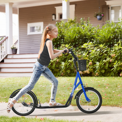 HOMCOM Kids Kick Scooter Teen Ride On Children Scooter with Adjustable Handlebar 2 Brakes Basket Cupholder Mudguard 16" Inflatable Rubber Tyres Blue