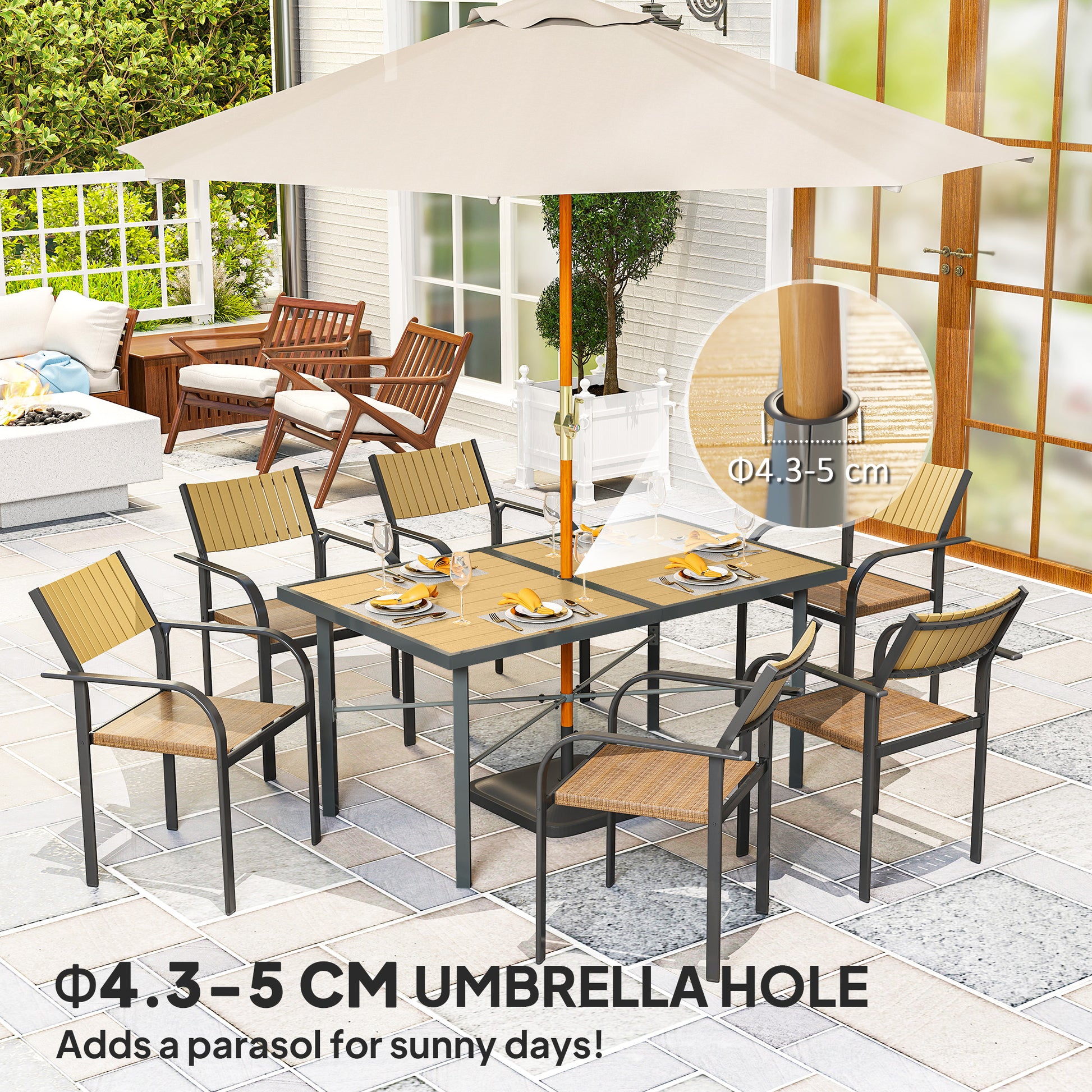 Outsunny Garden Table for 6, Outdoor Dining Table with 5cm Umbrella Hole, Wood Effect Top, Rust Resistant Frame, for Patio, Balcony, Terrace, 150 x 90 cm