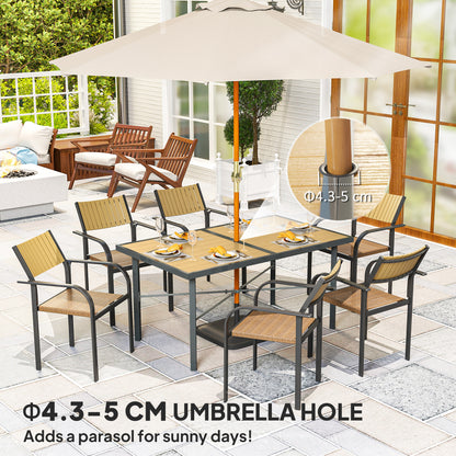 Outsunny Garden Table for 6, Outdoor Dining Table with 5cm Umbrella Hole, Wood Effect Top, Rust Resistant Frame, for Patio, Balcony, Terrace, 150 x 90 cm