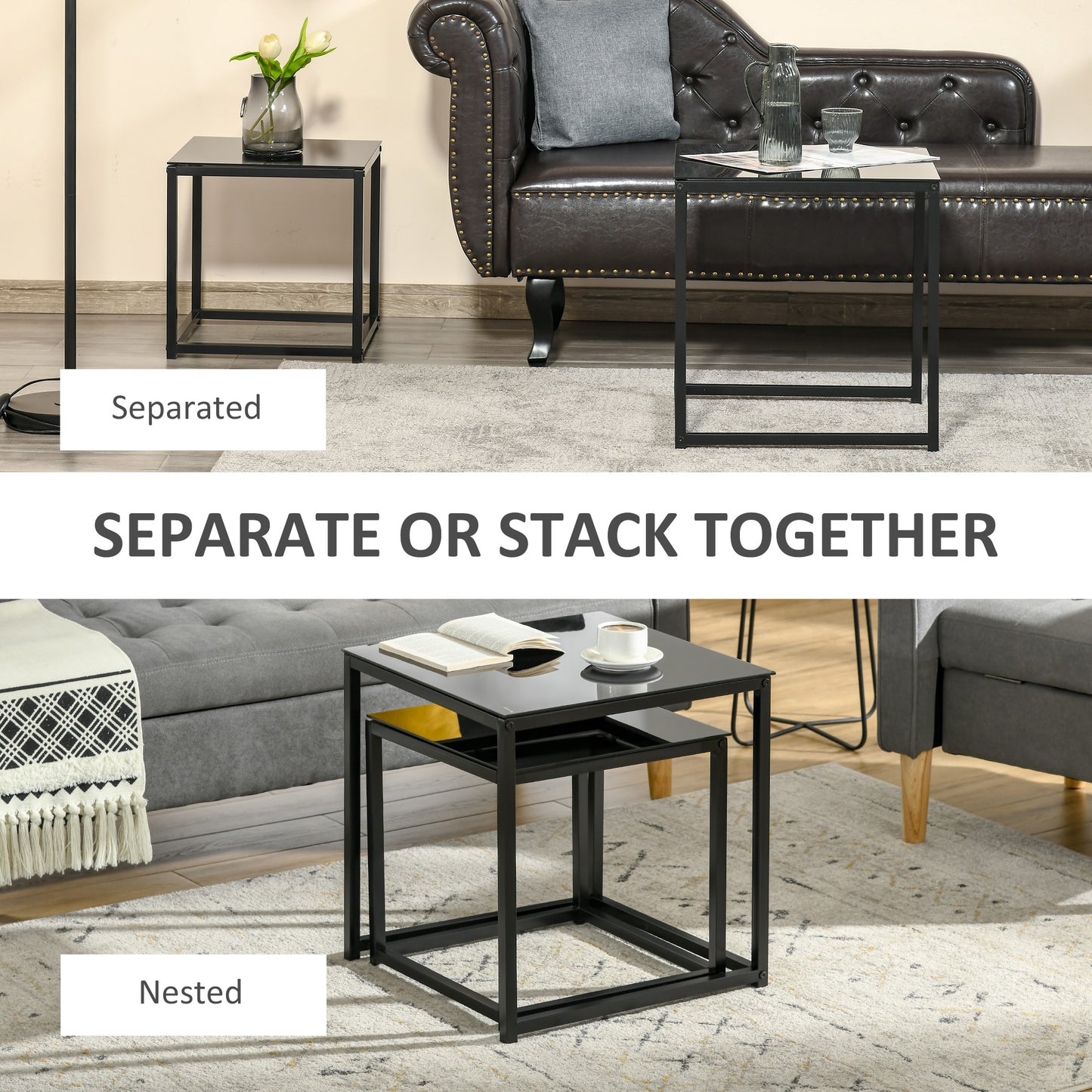 HOMCOM Nest of 2 Side Tables, Set of Modern Bedside Tables with Tempered Glass Desktop for Living Room, Bedroom, Office, Black