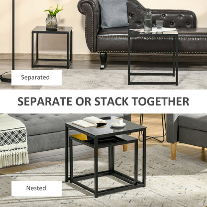 HOMCOM Nest of 2 Side Tables, Set of Modern Bedside Tables with Tempered Glass Desktop for Living Room, Bedroom, Office, Black