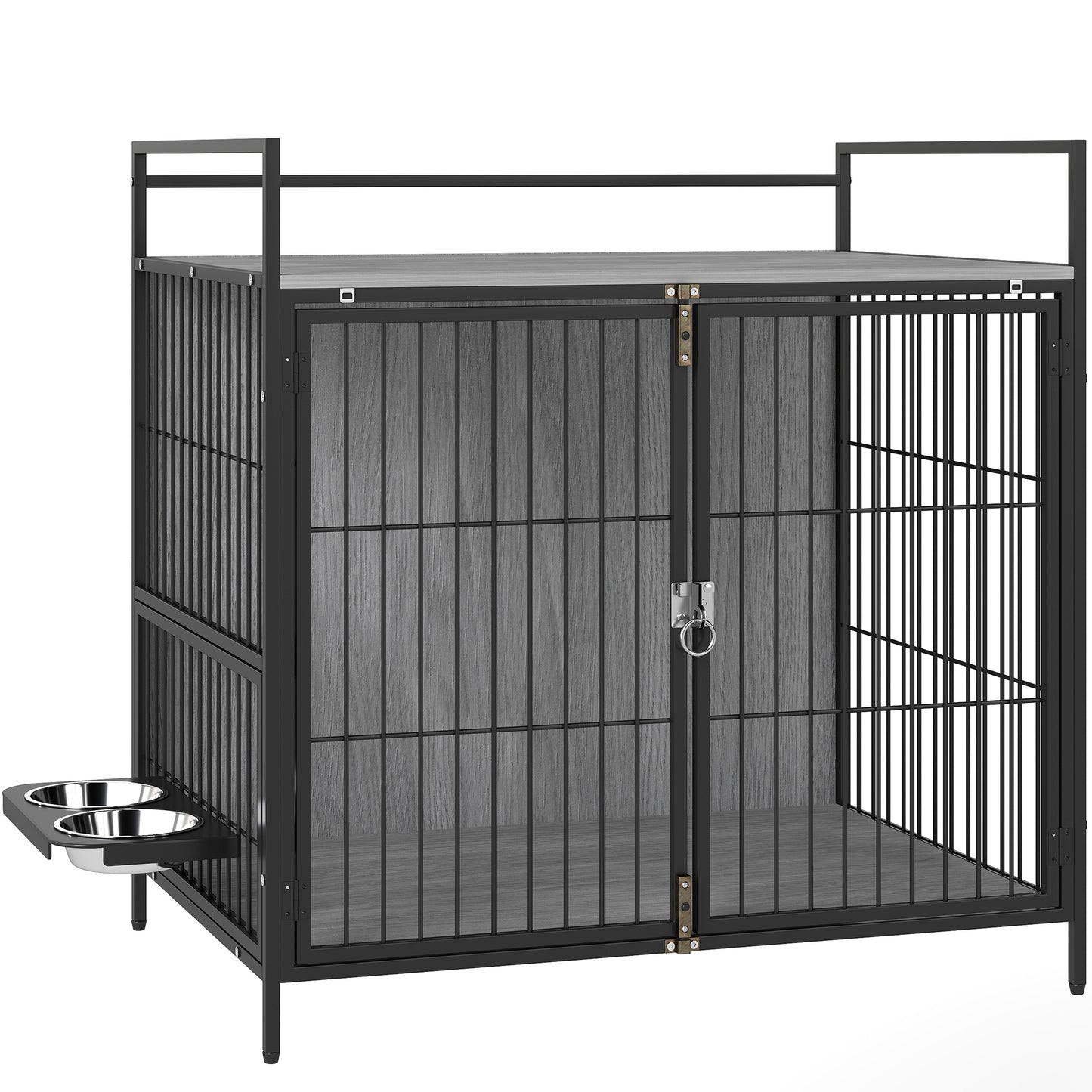 PawHut Dog Crate Furniture with Rotating Bowl Holder, 2 Bowls, 2 Doors, for Medium Dogs, 80 x 56 x 76.5 cm, Grey