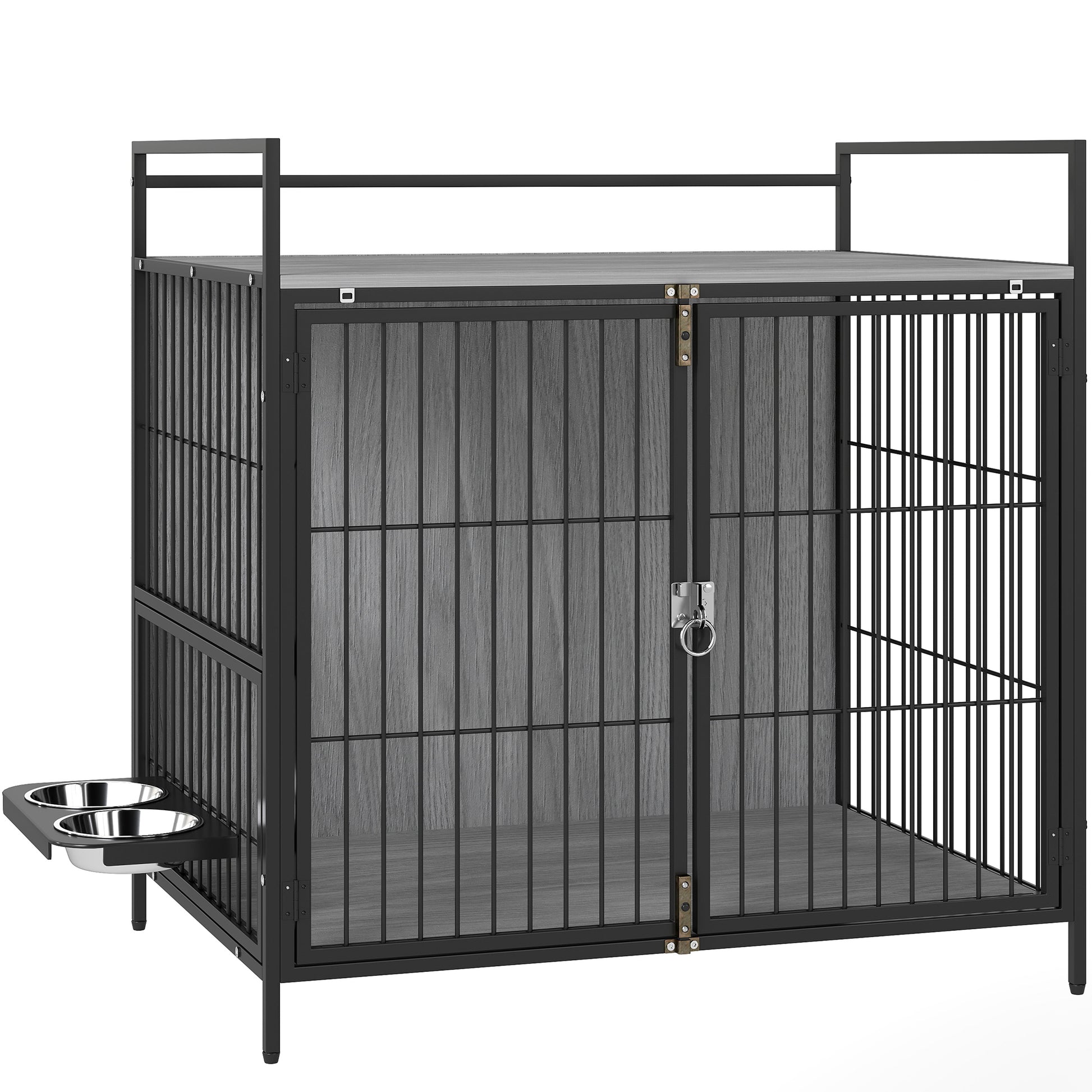 PawHut Dog Crate Furniture with Rotating Bowl Holder, 2 Bowls, 2 Doors, for Medium Dogs, 80 x 56 x 76.5 cm, Grey