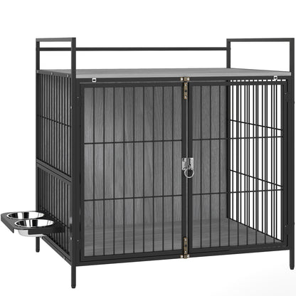 PawHut Dog Crate Furniture with Rotating Bowl Holder, 2 Bowls, 2 Doors, for Medium Dogs, 80 x 56 x 76.5 cm, Grey