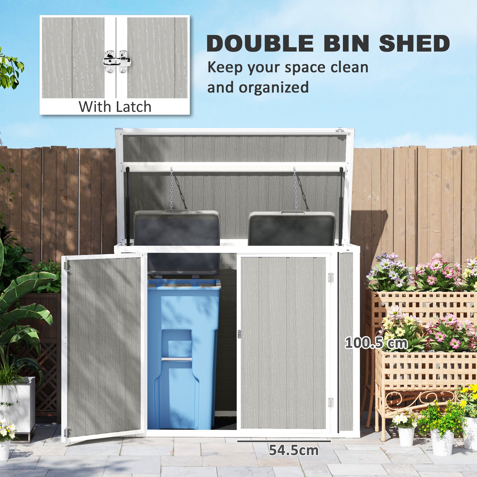 Outsunny 4.7 x 2.5FT Garden Shed, Lockable Outdoor Storage Shed with Openable Lid, Small Shed for 2 Trash Cans, Tools, Patio, Light Grey