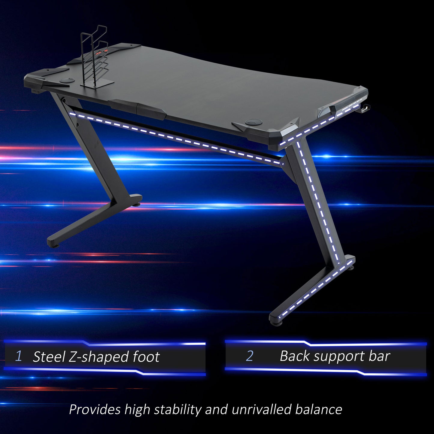 HOMCOM Gaming Desk, Ergonomic Home Office Desk, Gamer Workstation Racing Table, with Headphone Hook and Cup Holder, 122 x 66 x 86cm, Black