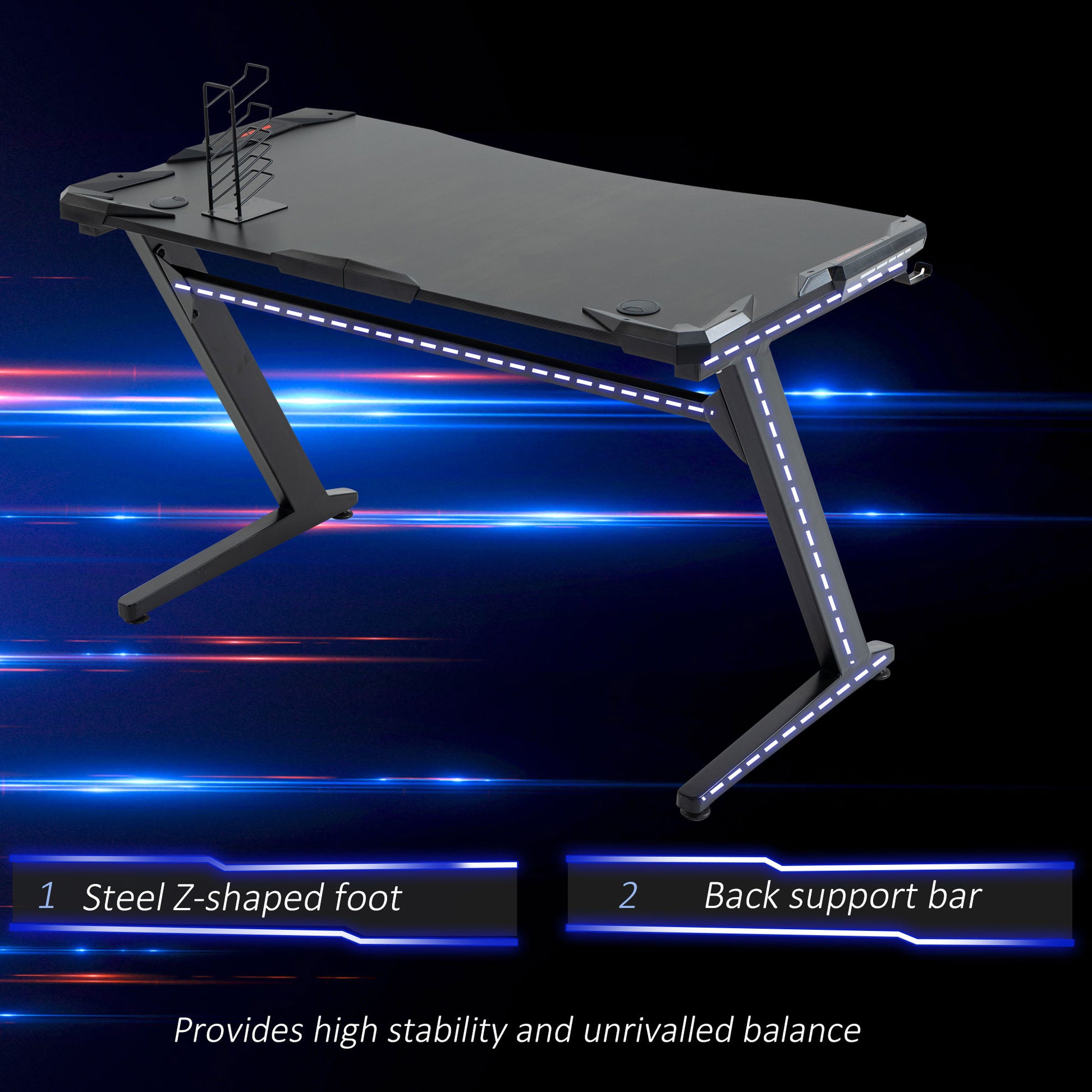 HOMCOM Gaming Desk, Ergonomic Home Office Desk, Gamer Workstation Racing Table, with Headphone Hook and Cup Holder, 122 x 66 x 86cm, Black