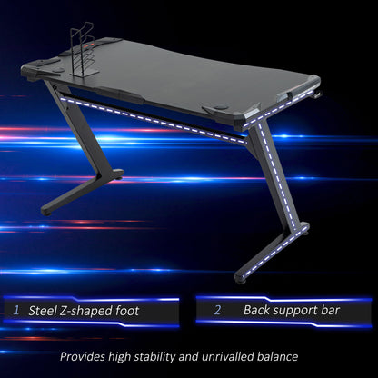 HOMCOM Gaming Desk, Ergonomic Home Office Desk, Gamer Workstation Racing Table, with Headphone Hook and Cup Holder, 122 x 66 x 86cm, Black