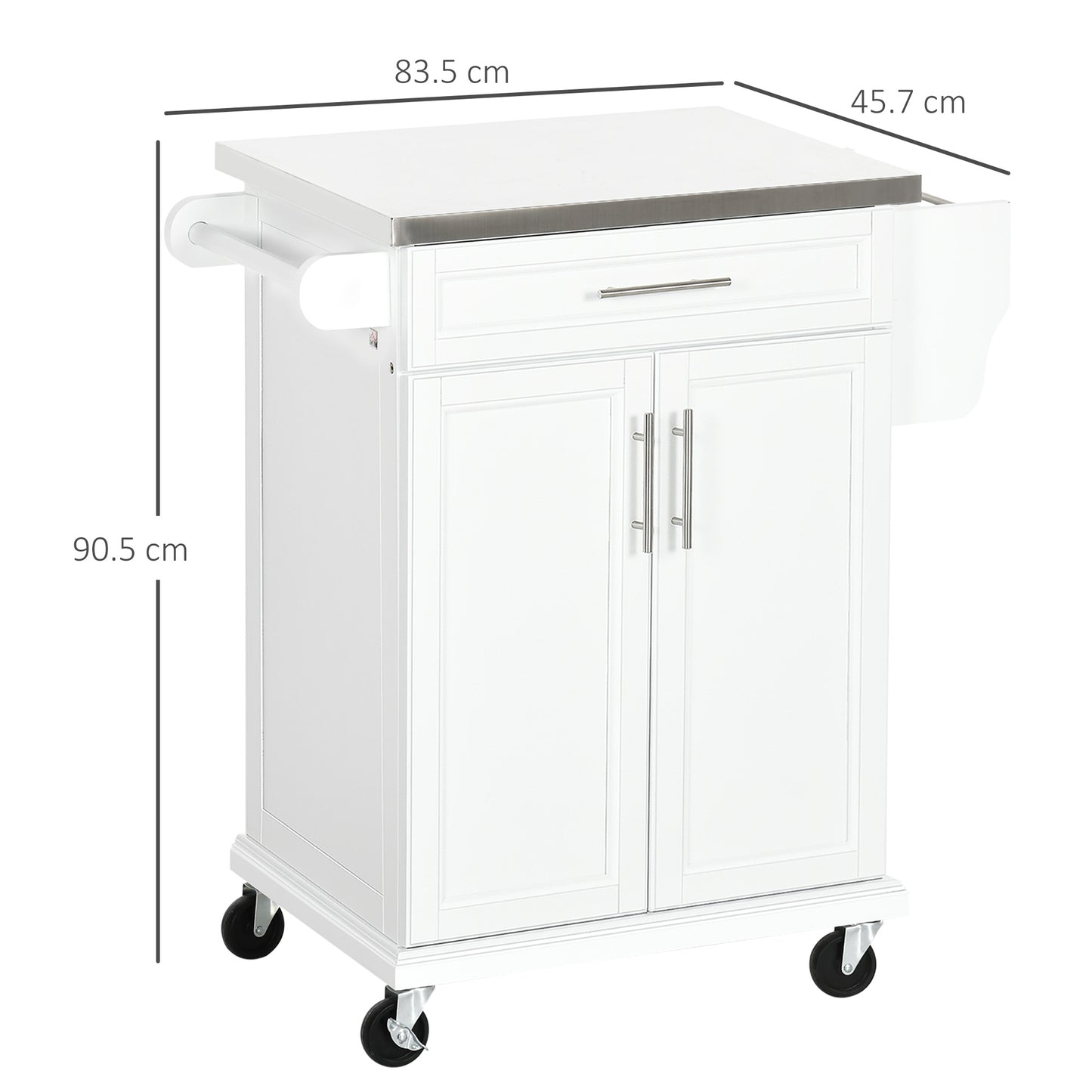 HOMCOM White Wooden Freestanding Kitchen Island on Wheels, Serving Cart Storage Trolley with Stainless Steel Top, Drawer, Side Handle and Rack