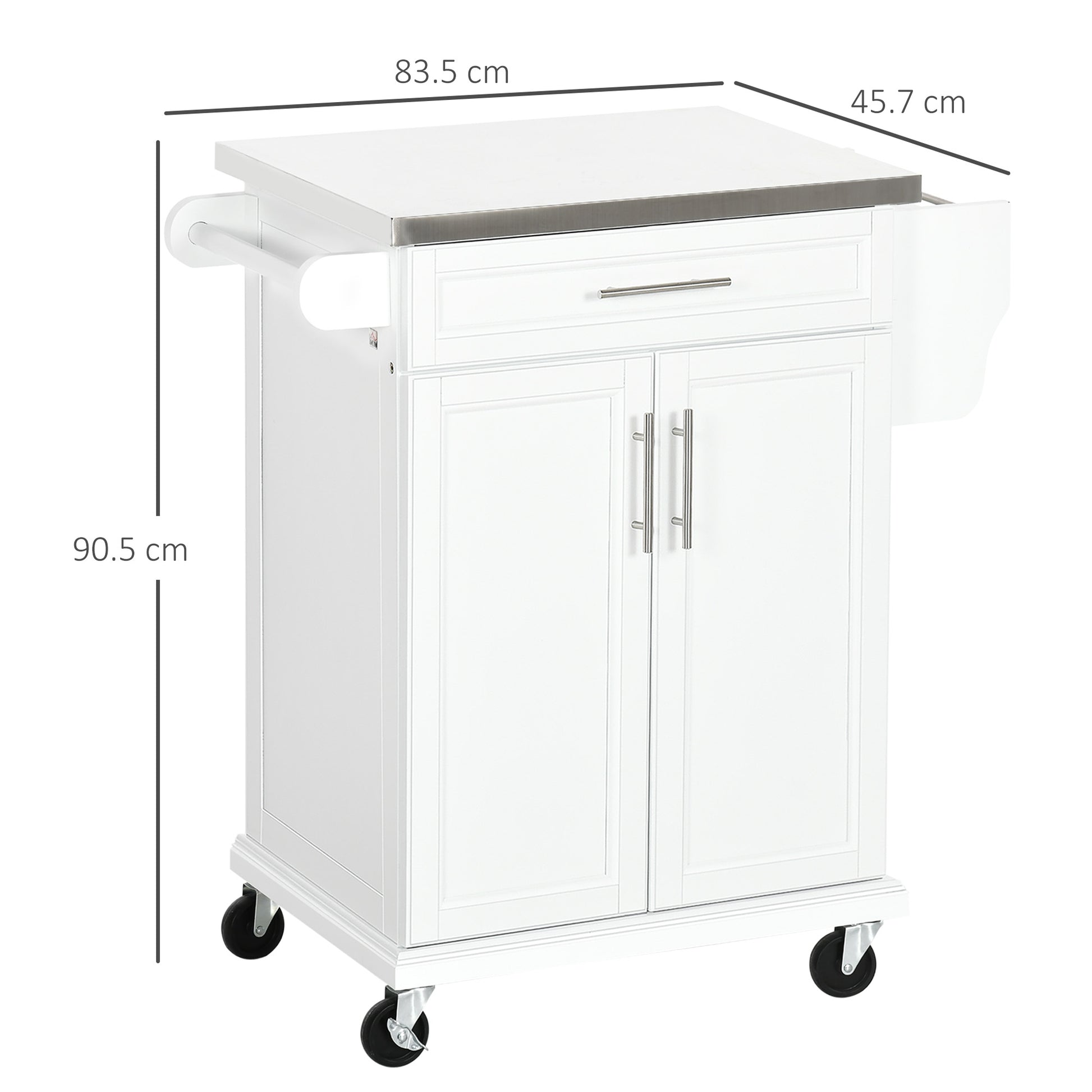 HOMCOM White Wooden Freestanding Kitchen Island on Wheels, Serving Cart Storage Trolley with Stainless Steel Top, Drawer, Side Handle and Rack