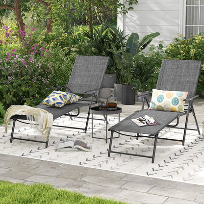 Patio Folding Chaise Lounge Chairs with 6-Level Backrest and Solid Metal Frame-Grey