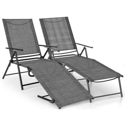 Patio Folding Chaise Lounge Chairs with 6-Level Backrest and Solid Metal Frame-Grey