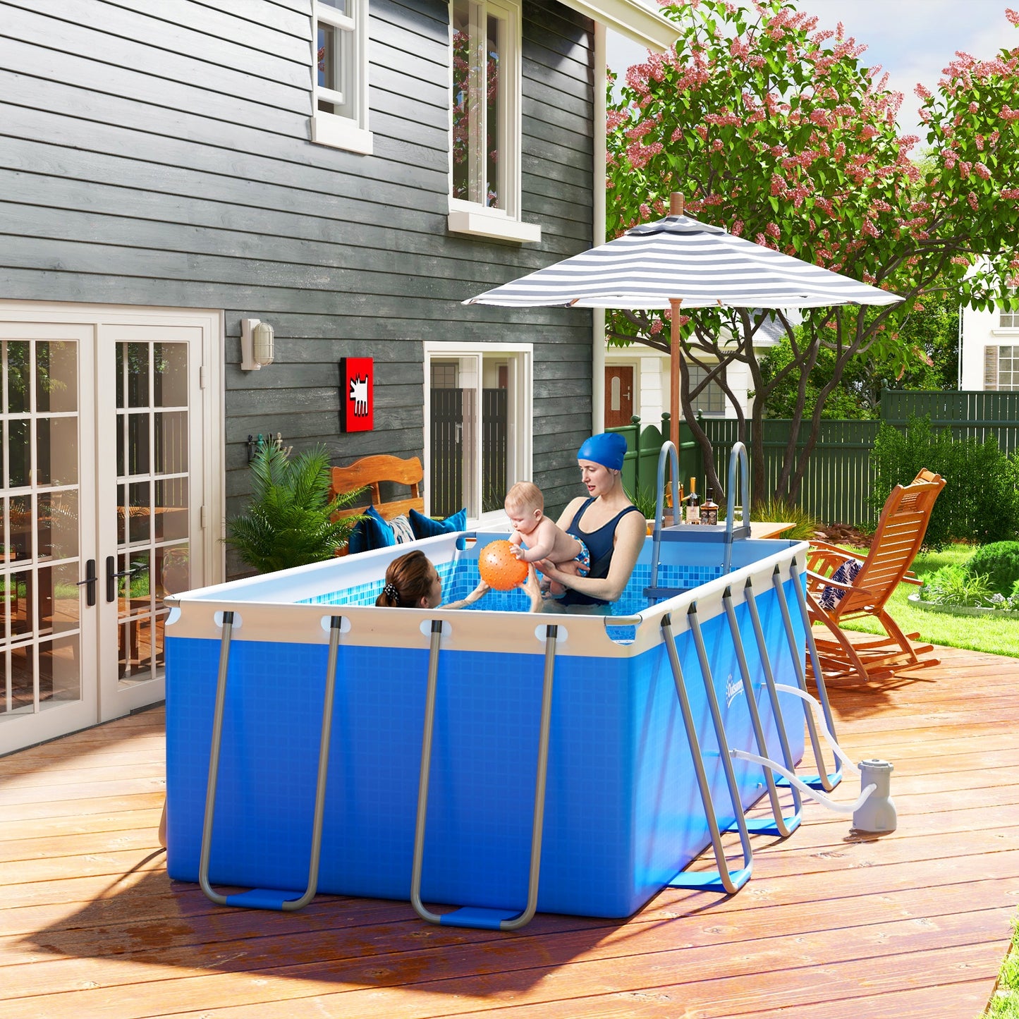 Outsunny 207 x 400cm Five-Person Above Ground Swimming Pool, with Ladder - Blue