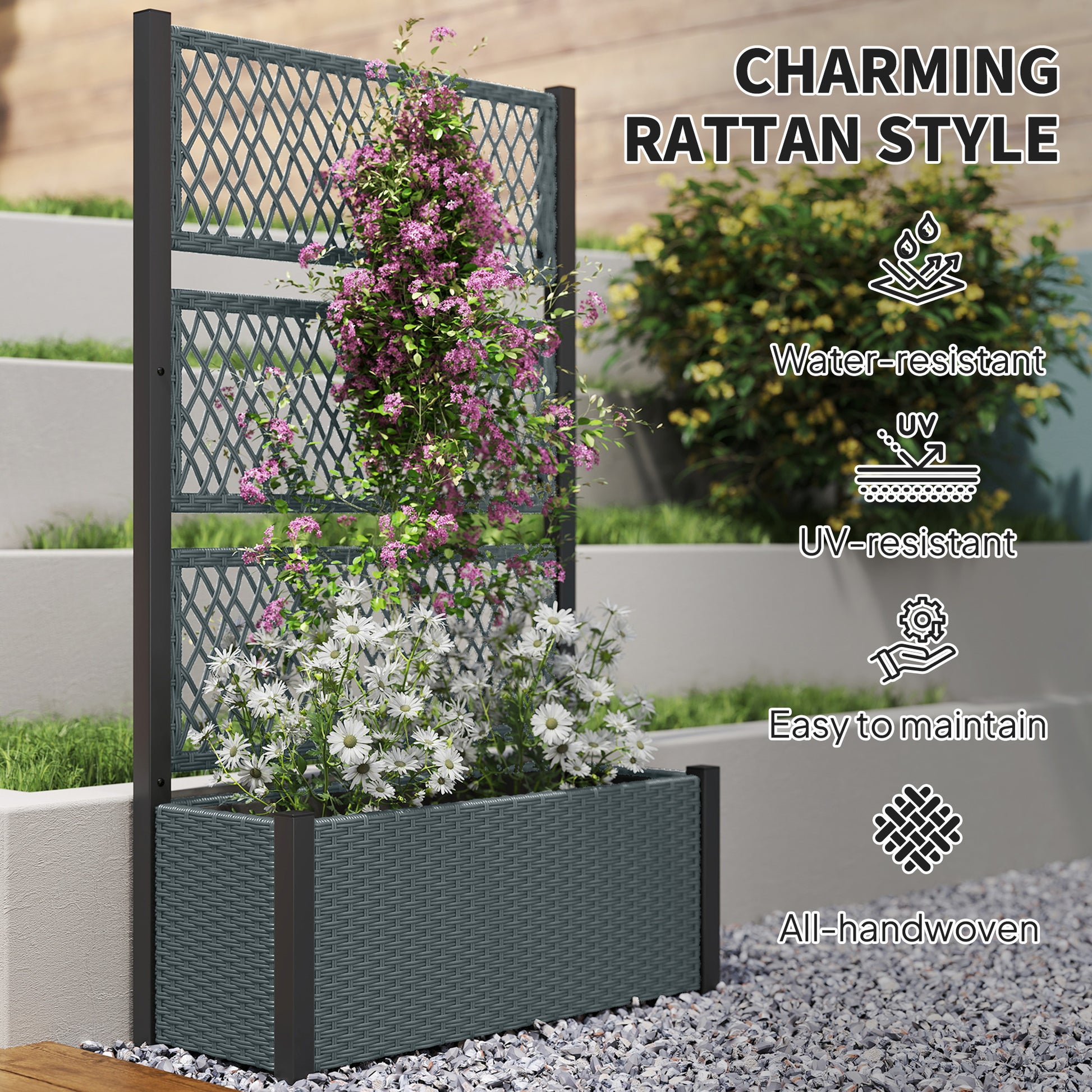 Outsunny Garden Planter Box with Trellis, Liner for Climbing Plants, Vegetables, Flowers, 90 x 35 x 148 cm, Charcoal Grey