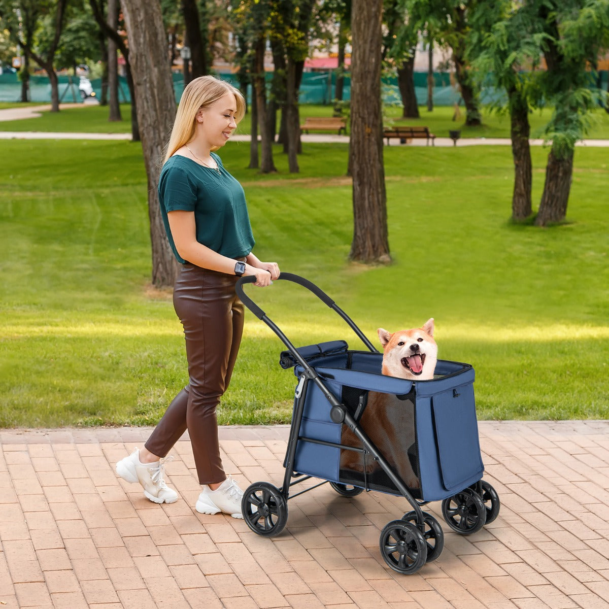 Folding Pet Stroller with Pockets and Skylight for Small Medium Pets-Blue