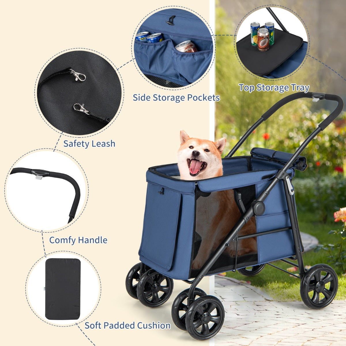 Folding Pet Stroller with Pockets and Skylight for Small Medium Pets-Blue