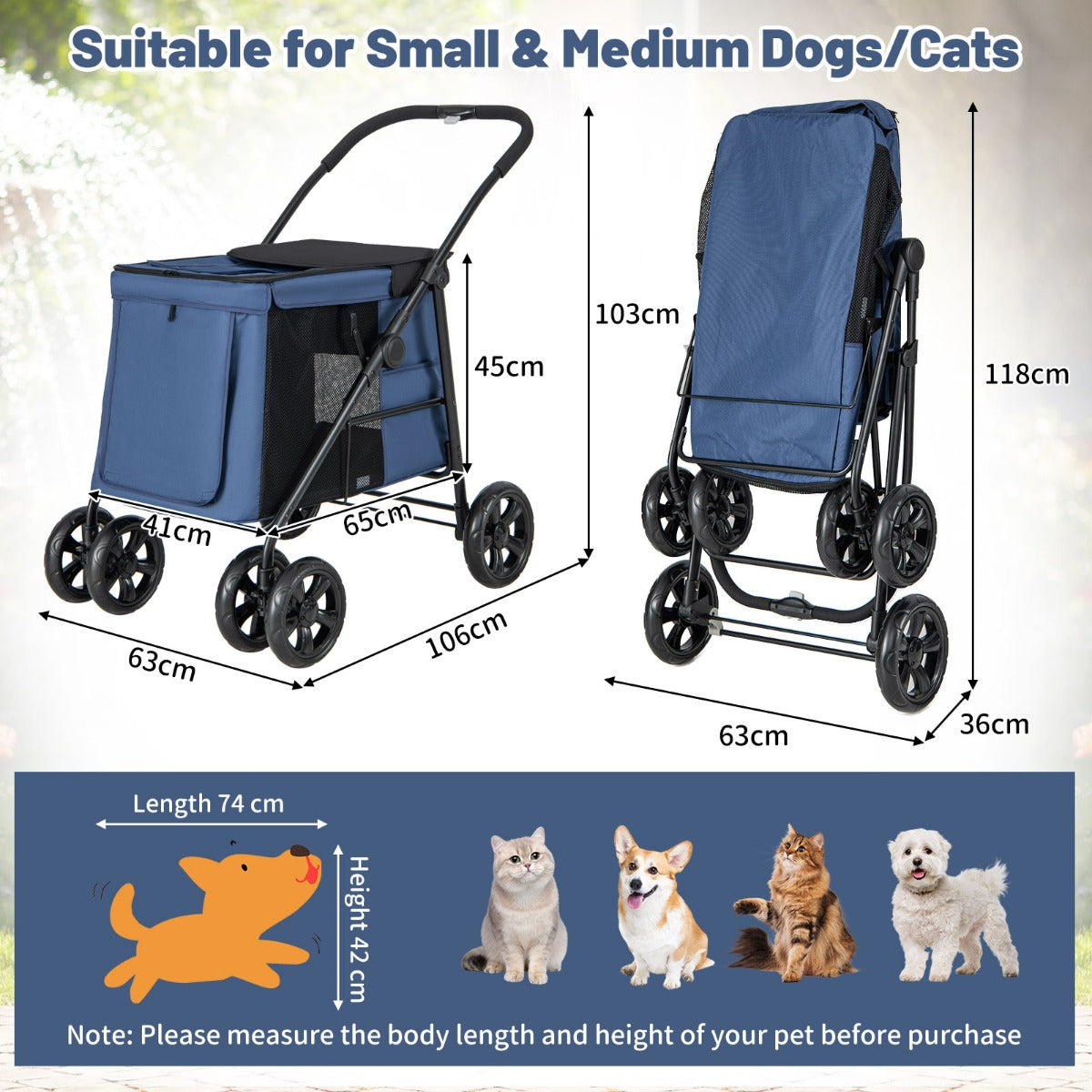 Folding Pet Stroller with Pockets and Skylight for Small Medium Pets-Blue