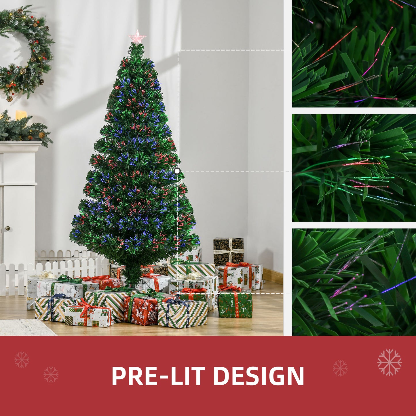 HOMCOM 5FT Green Fiber Optic Xmas Tree Pre-Lit Fibre Optic Artificial Christmas Tree Multi-Colour