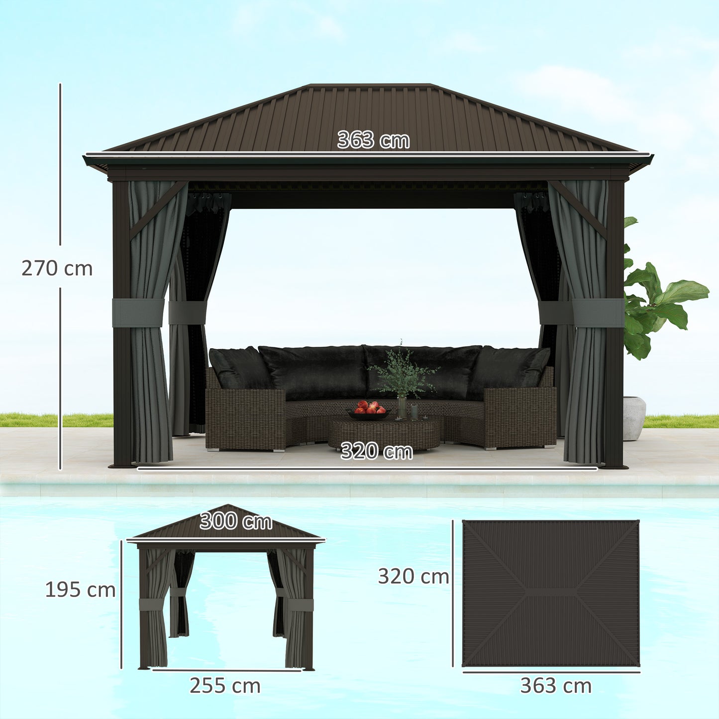 Outsunny 3.6 x 3 m Aluminium Hardtop Gazebo, with Accessories - Dark Grey