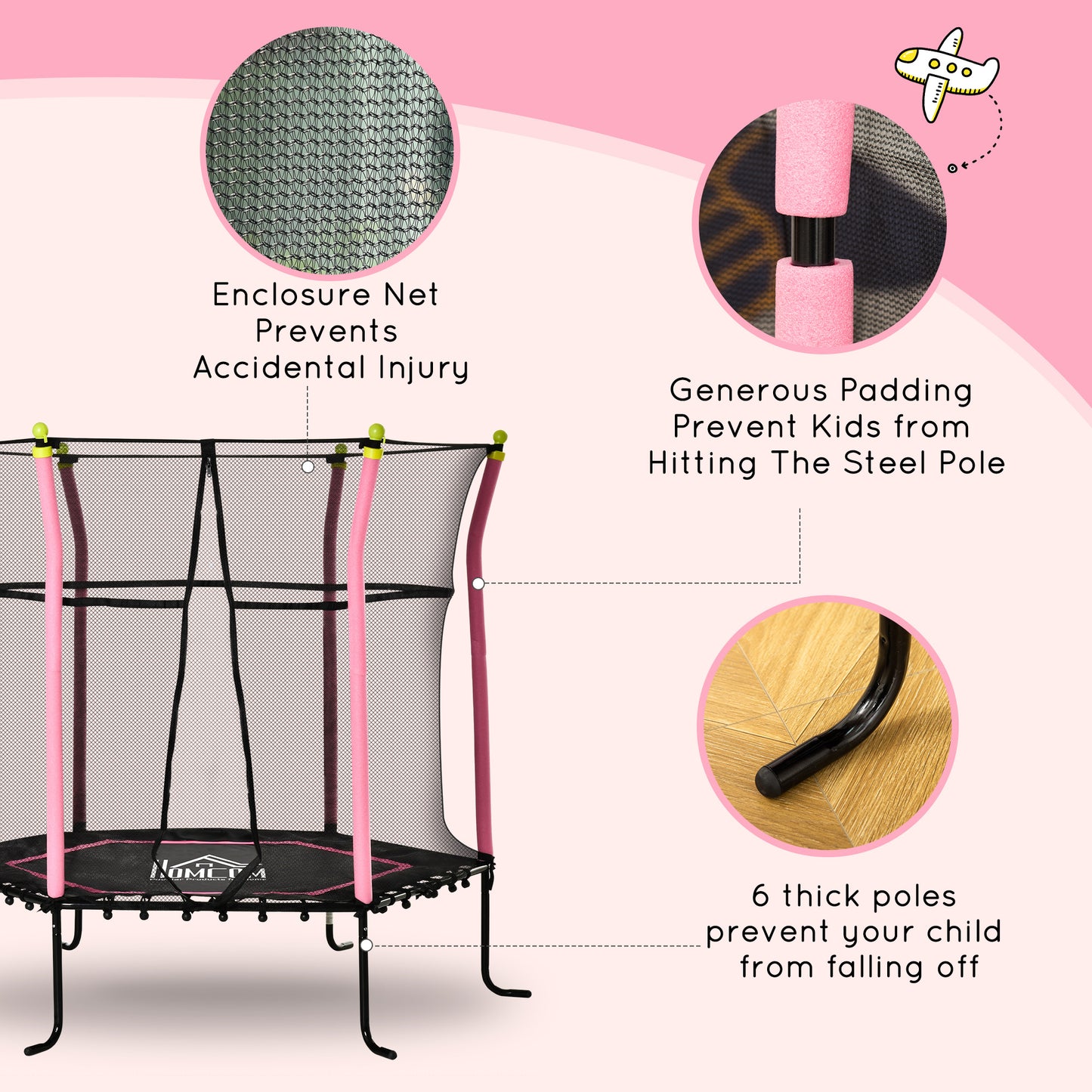 HOMCOM 5.2FT / 63 Inch Kids Trampoline With Enclosure Net Mini Indoor Outdoor Trampolines for Child Toddler Age 3 - 10 Years Pink