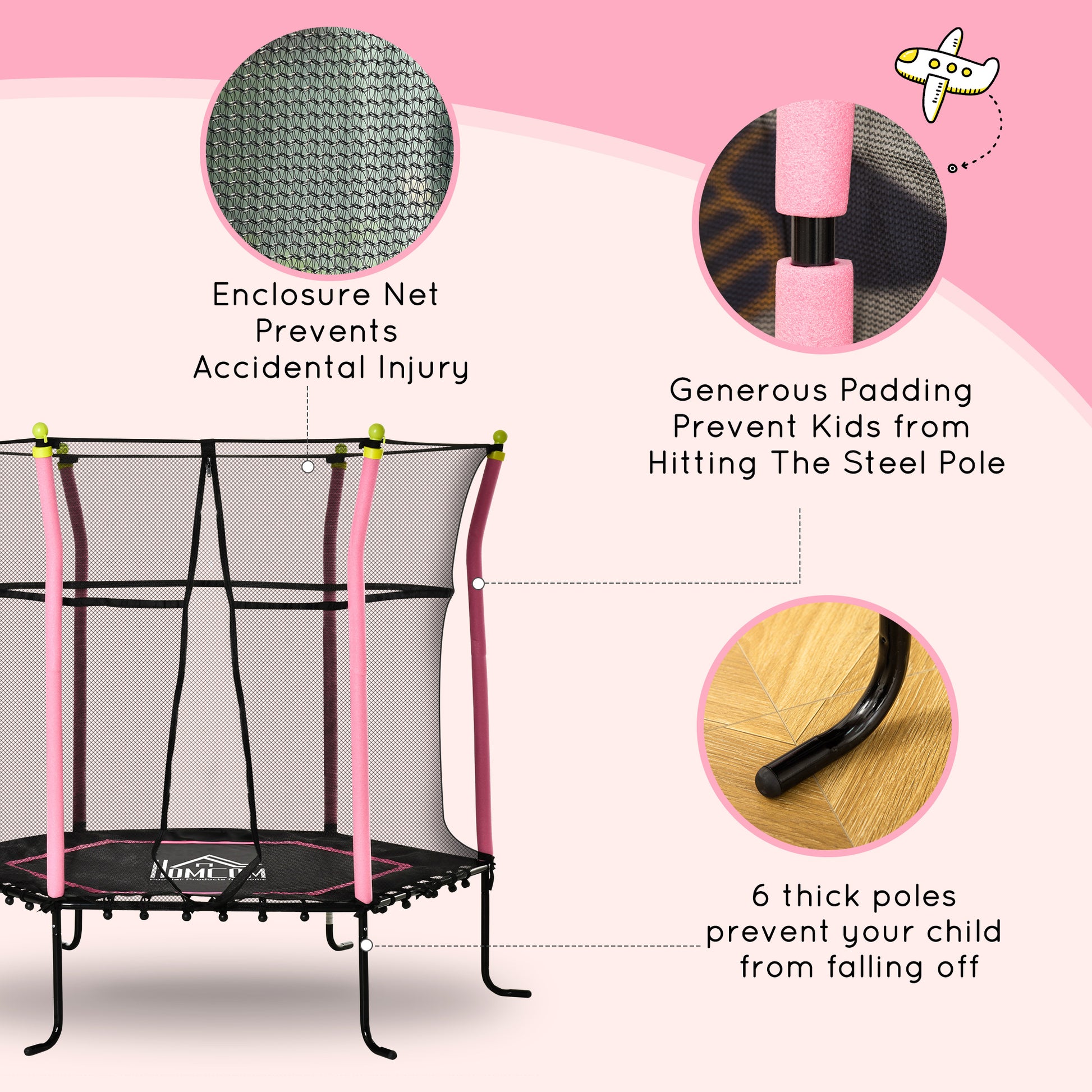 HOMCOM 5.2FT / 63 Inch Kids Trampoline With Enclosure Net Mini Indoor Outdoor Trampolines for Child Toddler Age 3 - 10 Years Pink