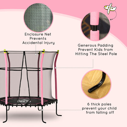 HOMCOM 5.2FT / 63 Inch Kids Trampoline With Enclosure Net Mini Indoor Outdoor Trampolines for Child Toddler Age 3 - 10 Years Pink
