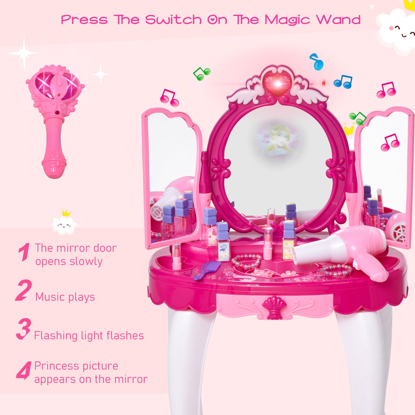 HOMCOM Kids Pretend Play Plastic Vanity Table Set w/ Sound Effect Pink