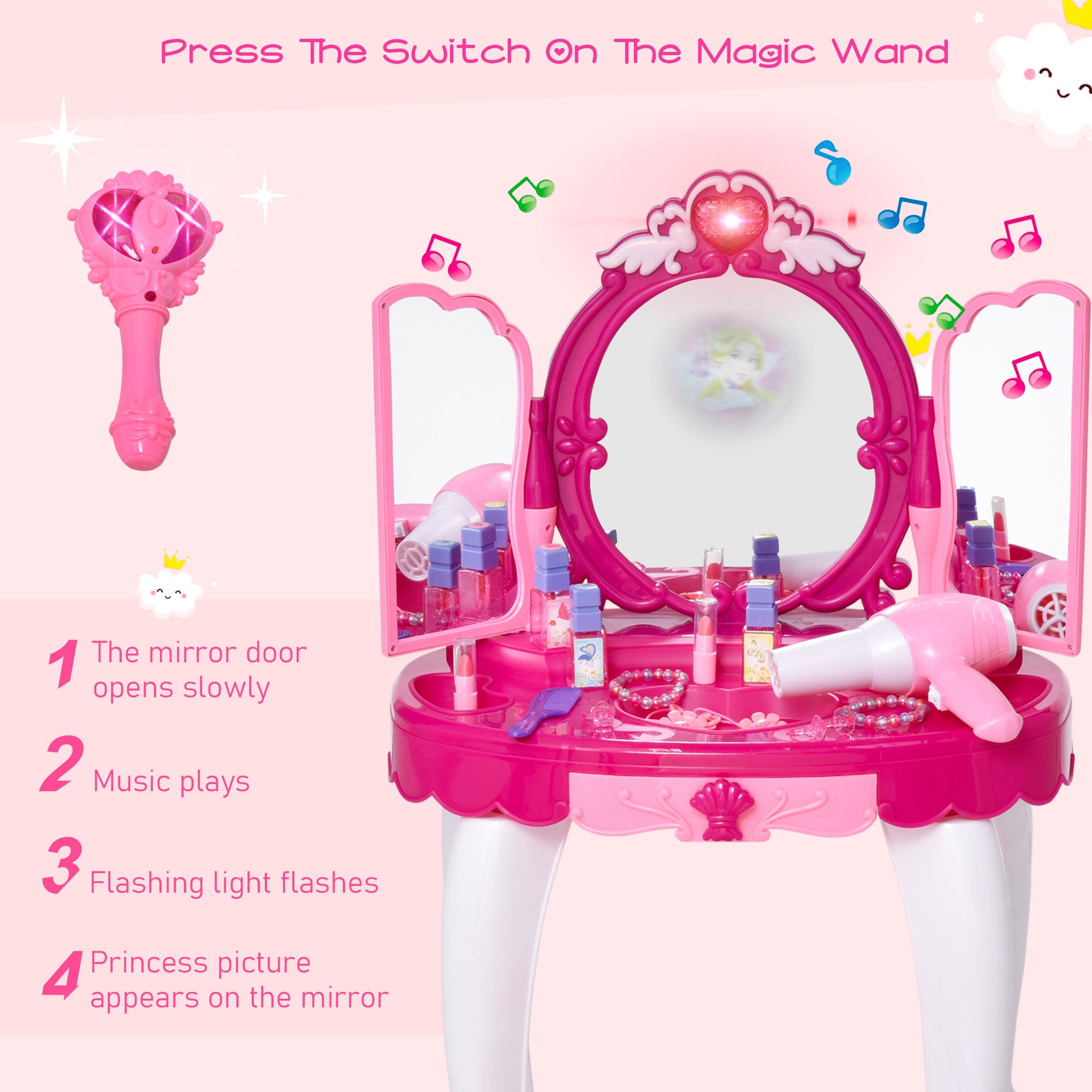 HOMCOM Kids Pretend Play Plastic Vanity Table Set w/ Sound Effect Pink