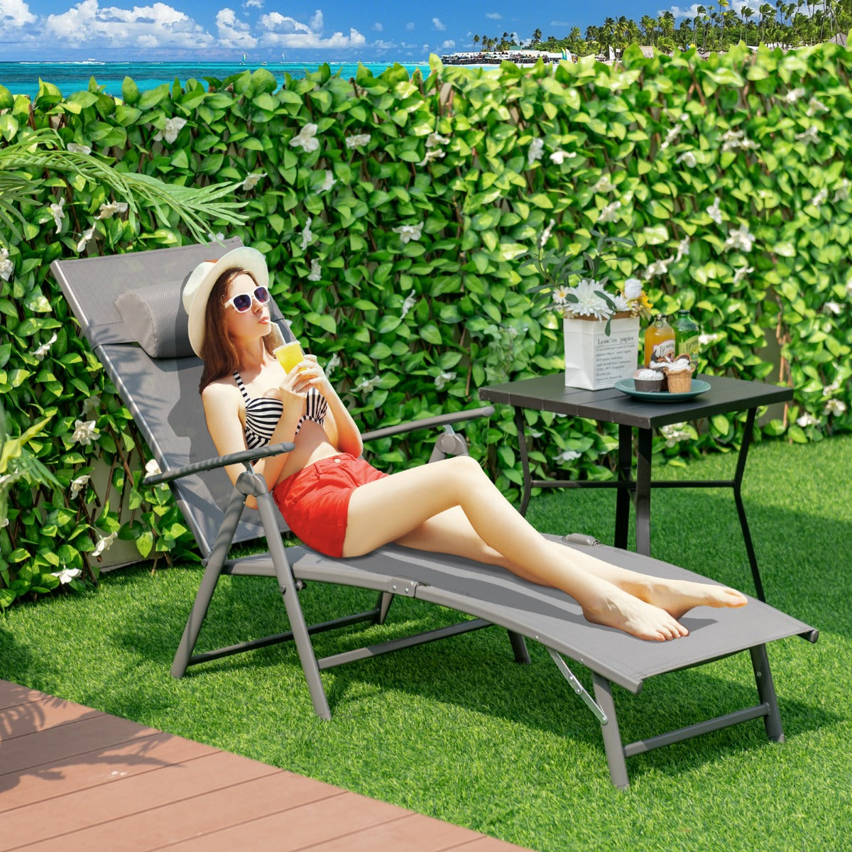 Portable Reclining Chair with 7 Adjustable Position Backrest and Handrail-Grey