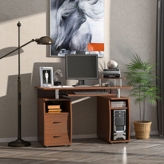 HOMCOM Computer Desk Office PC Table Workstation Gaming Study with Keyboard Tray, CPU Shelf, Drawers, Sliding Scanner Shelf, Brown