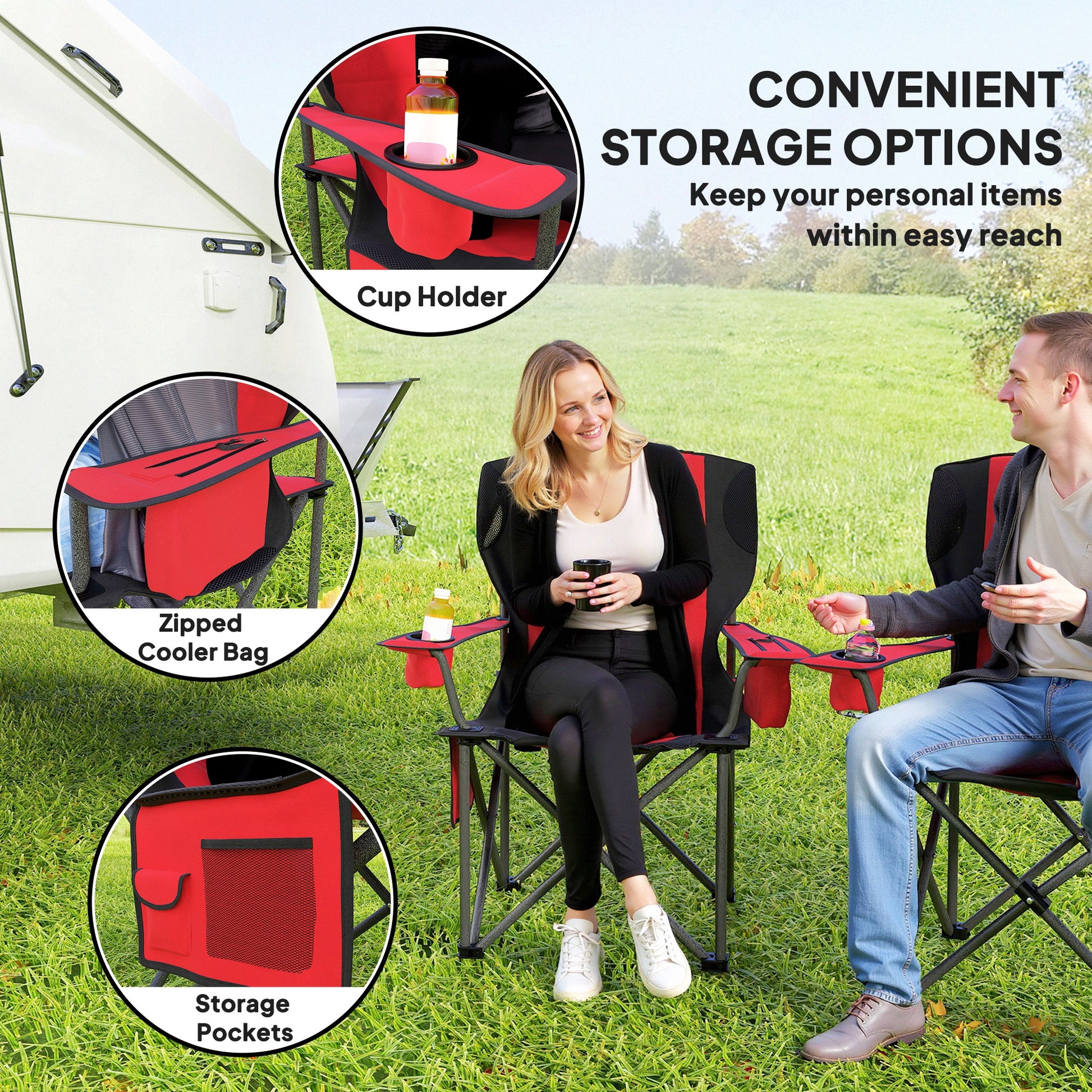 Outsunny Set of 2 Folding Camping Chairs, Padded Camping Chairs with Adjustable Armrests, Portable & Lightweight Folding Camp Chair with Cooler Bag, Cup Holder and Side Pockets, Red