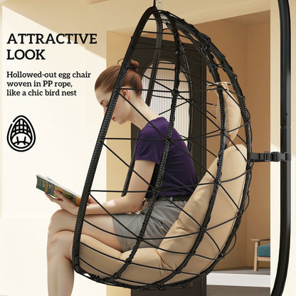 Outsunny Hanging Egg Chair Outdoor Indoor Garden Swing Chair with Folding Basket, Thickened Cushion, Garden Hanging Chair with Stand, Headrest for Patio, Balcony, Khaki