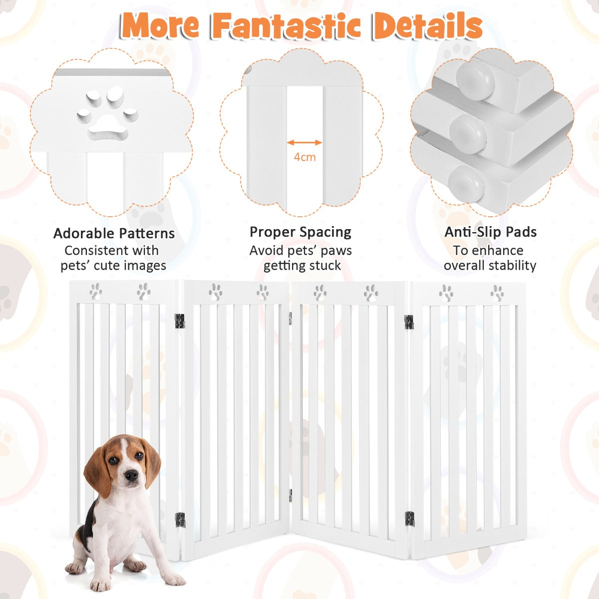 89cm Foldable Dog Fence with 360 Degree Swivel Hinges-White