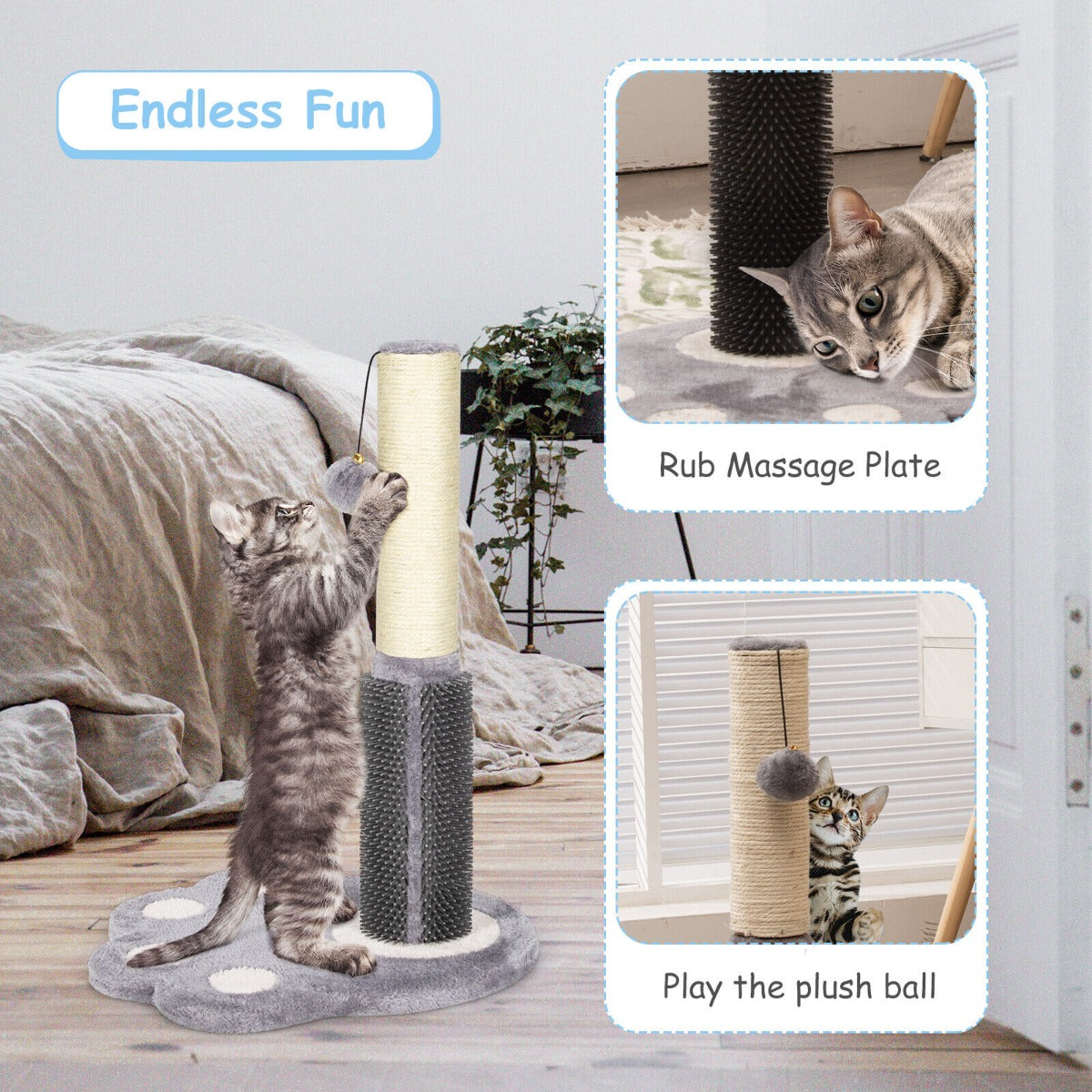 2-in-1 Cat Scratching Post with Message Brush and Dangling Ball-Grey
