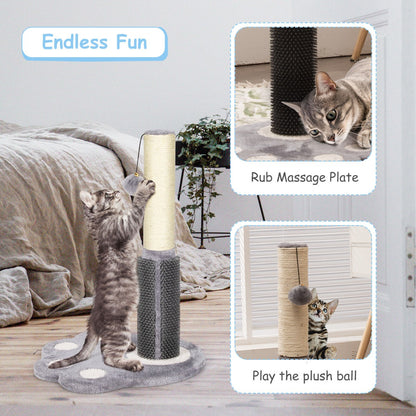 2-in-1 Cat Scratching Post with Message Brush and Dangling Ball-Grey