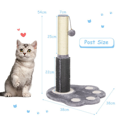 2-in-1 Cat Scratching Post with Message Brush and Dangling Ball-Grey