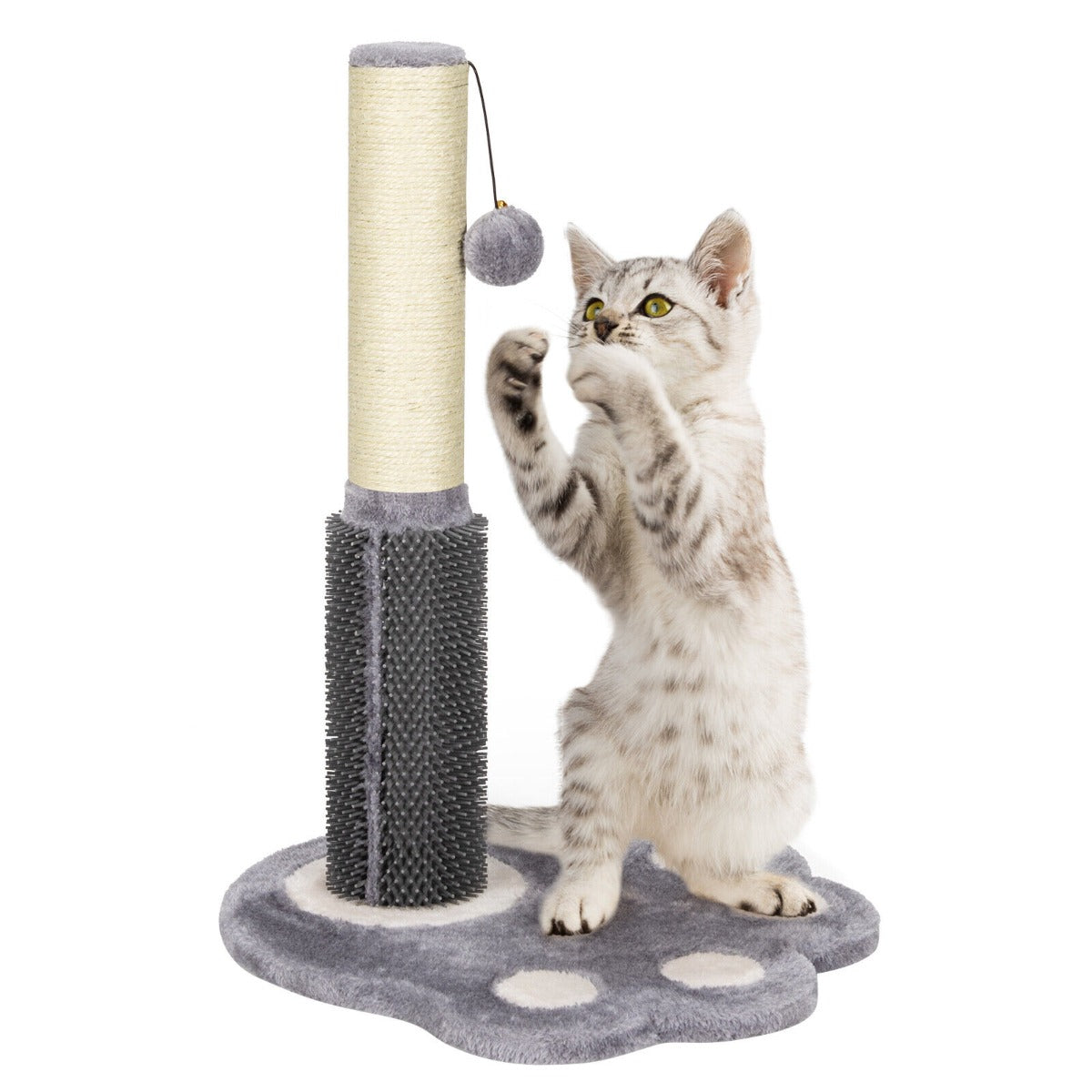 2-in-1 Cat Scratching Post with Message Brush and Dangling Ball-Grey