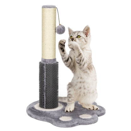 2-in-1 Cat Scratching Post with Message Brush and Dangling Ball-Grey