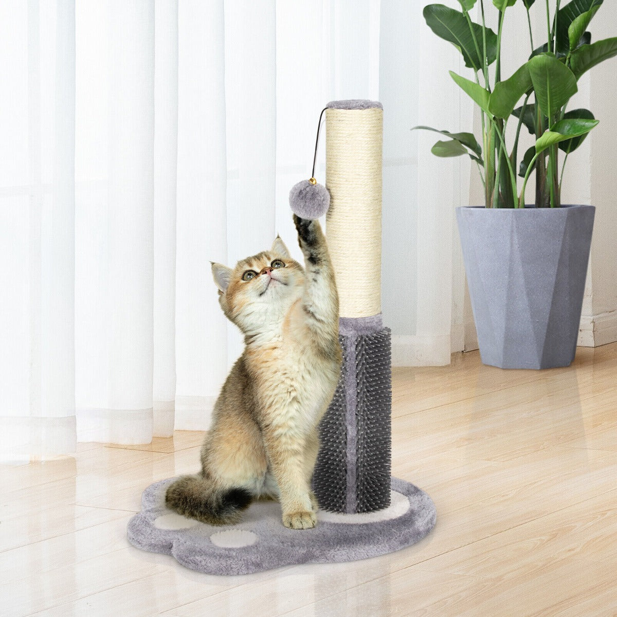 2-in-1 Cat Scratching Post with Message Brush and Dangling Ball-Grey