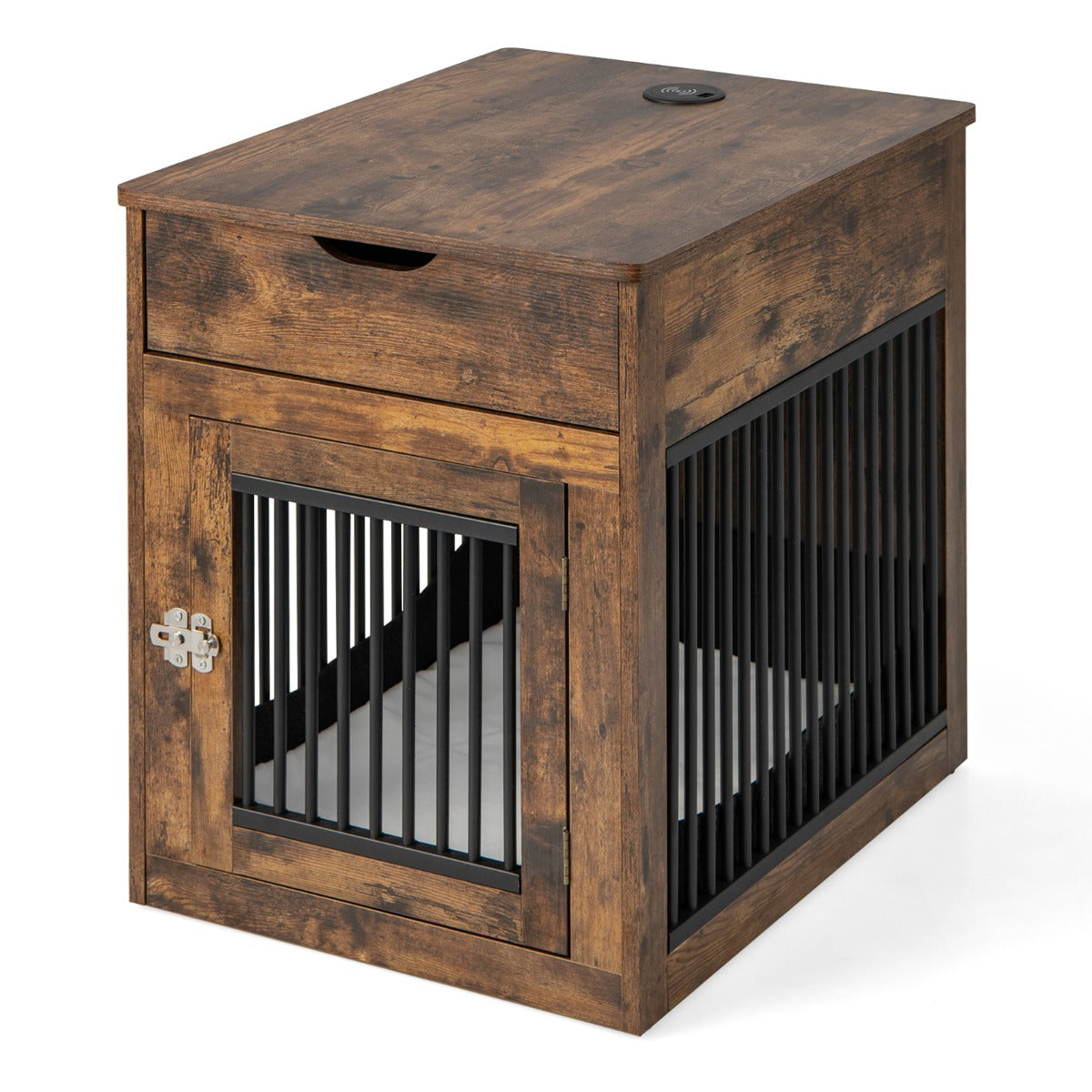 Furniture Style Dog Crate with Wired and Wireless Charging-Rustic Brown