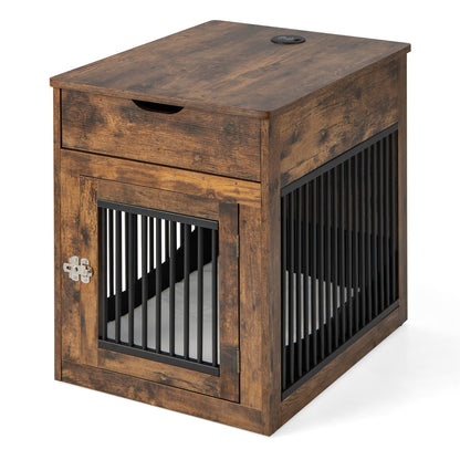 Furniture Style Dog Crate with Wired and Wireless Charging-Rustic Brown